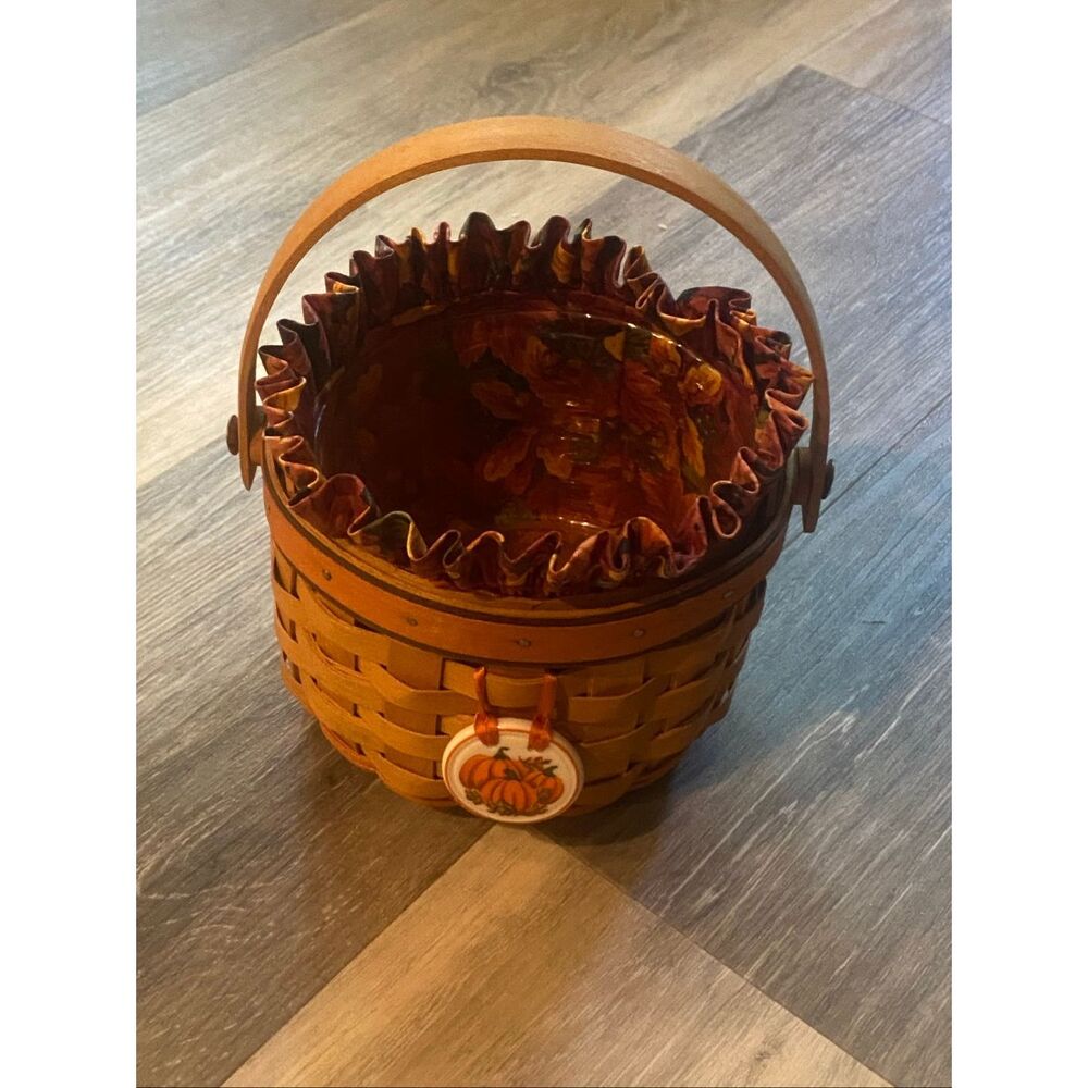 Longaberger 1997 Fall Little Pumpkin Basket, Liner, Protector, Tie-on - Picture 2 of 11
